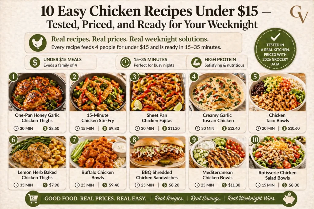 10 Easy Chicken Recipes Under $15 — Tested, Priced, and Ready for Your Weeknight